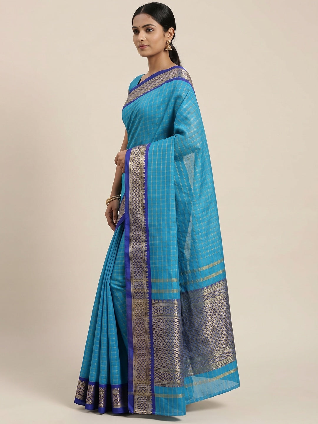 Ferozi Blue Festive Wear Checks With Woven Border Cotton Silk Saree - Image 3
