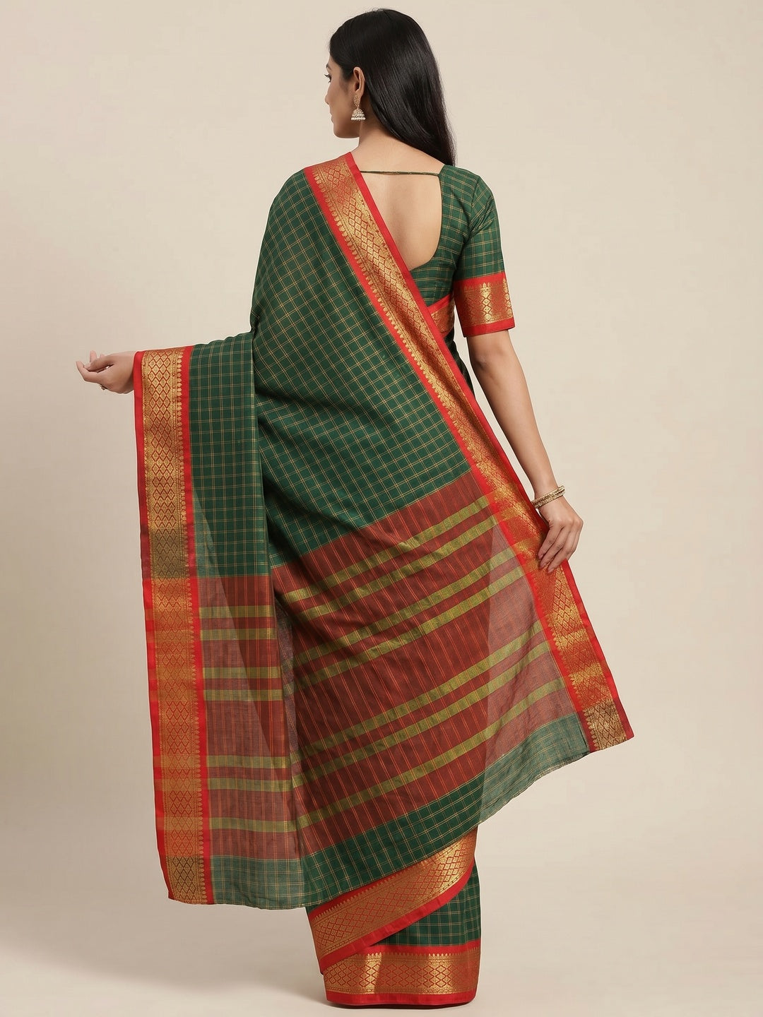 Bottle Green Festive Wear Checks With Woven Border Cotton Silk Saree - Image 3