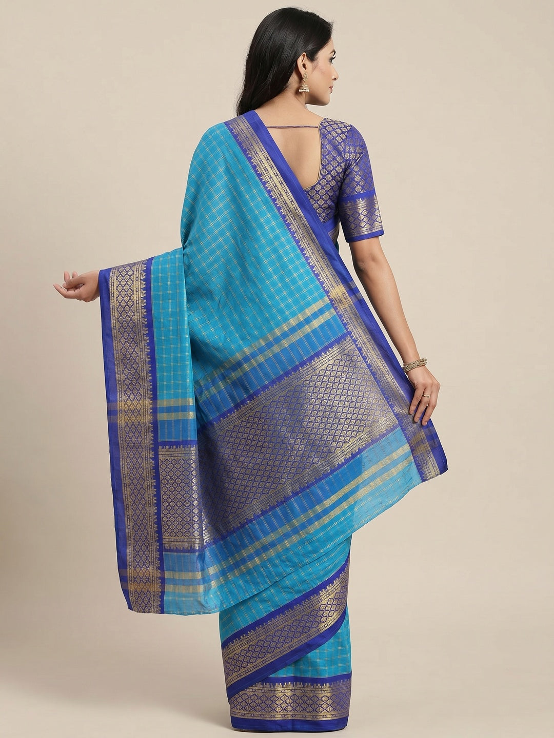 Ferozi Blue Festive Wear Checks With Woven Border Cotton Silk Saree - Image 2
