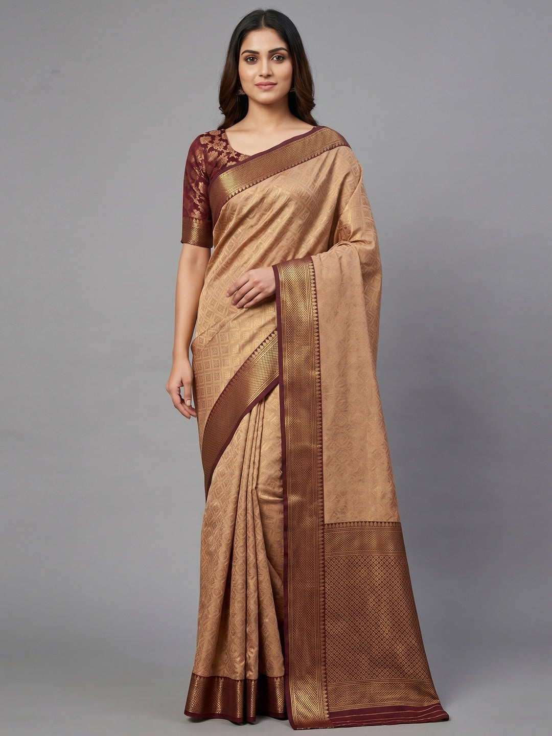 Chikoo Woven Border Cotton Silk Saree - Image 1