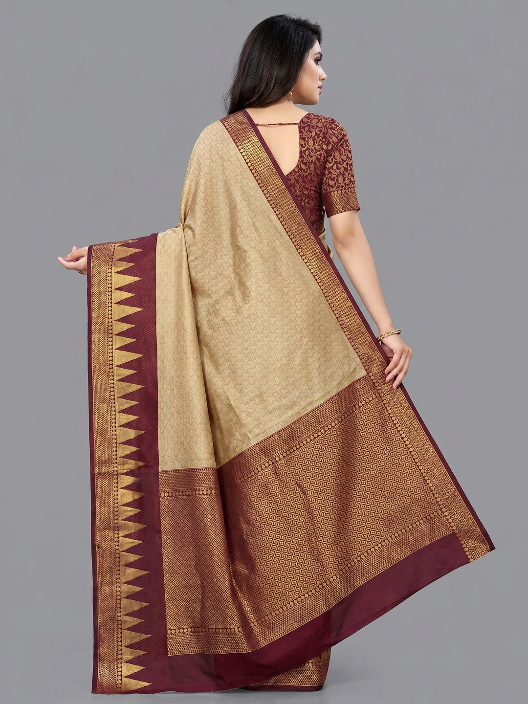 Chikoo Woven Border Cotton Silk Saree - Image 3