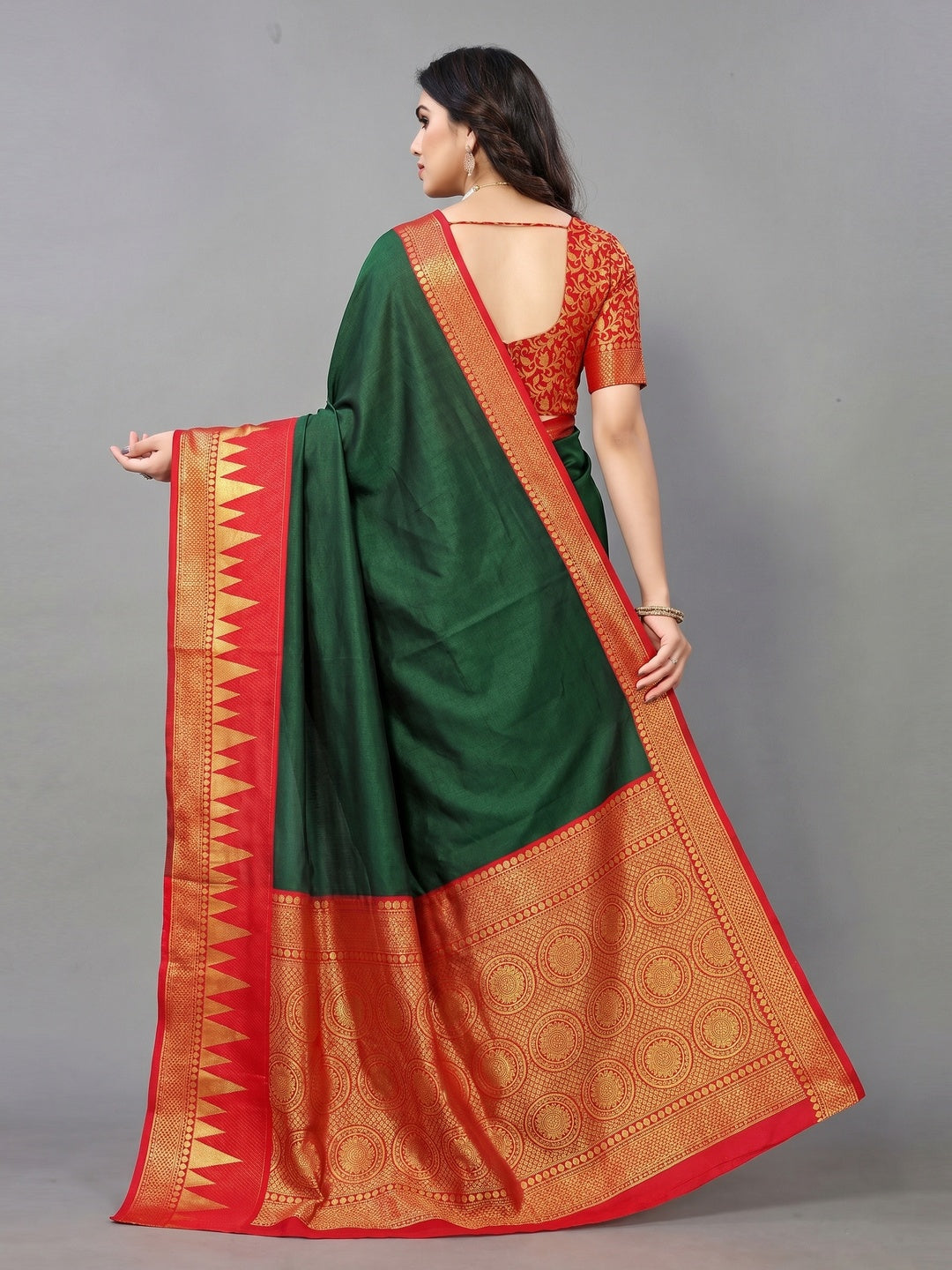 Bottle Green Festive Wear Jacquard Woven Border Heavy Cotton Silk Saree - Image 3