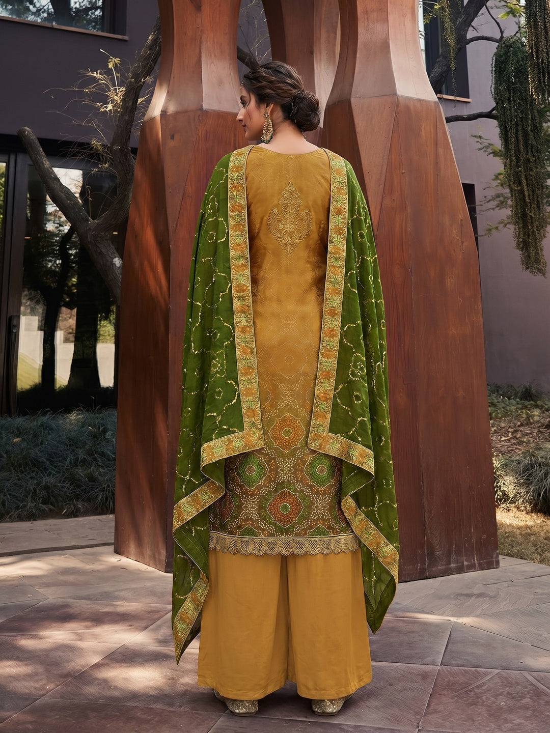 Drak Yellow & Green Party Wear Floral Embroidery With Digital Printed Jam Satin Suit - Image 1