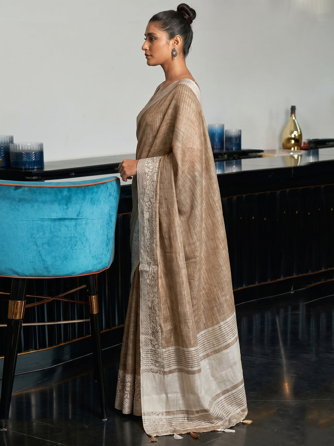 Brown Partywear Woven Linen Saree - Image 1