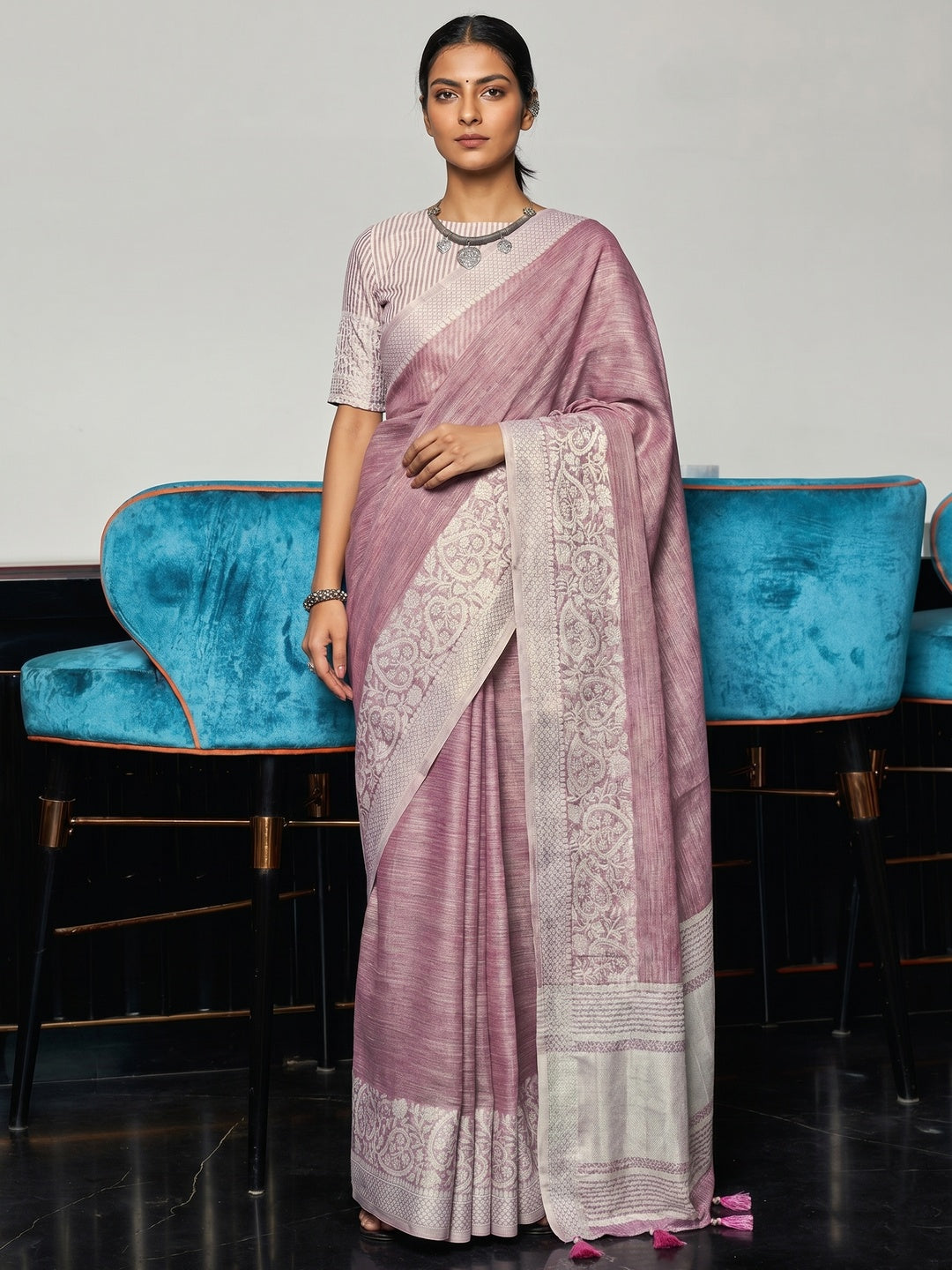 Pink Partywear Woven Linen Saree - Image 1