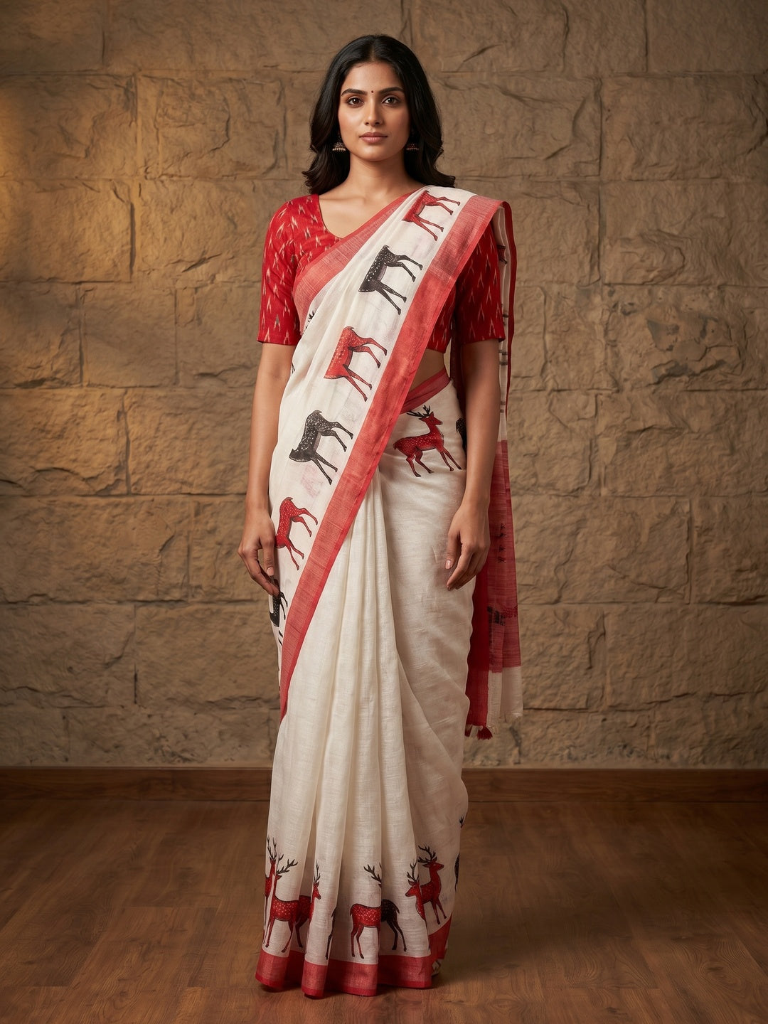 Graceful White - Red Colored Casual Wear Digital Printed Linen Saree - Image 1