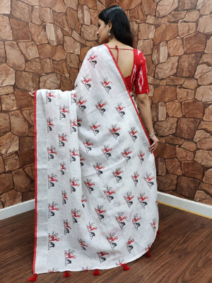 Graceful White - Red Colored Casual Wear Digital Printed Linen Saree - Image 2