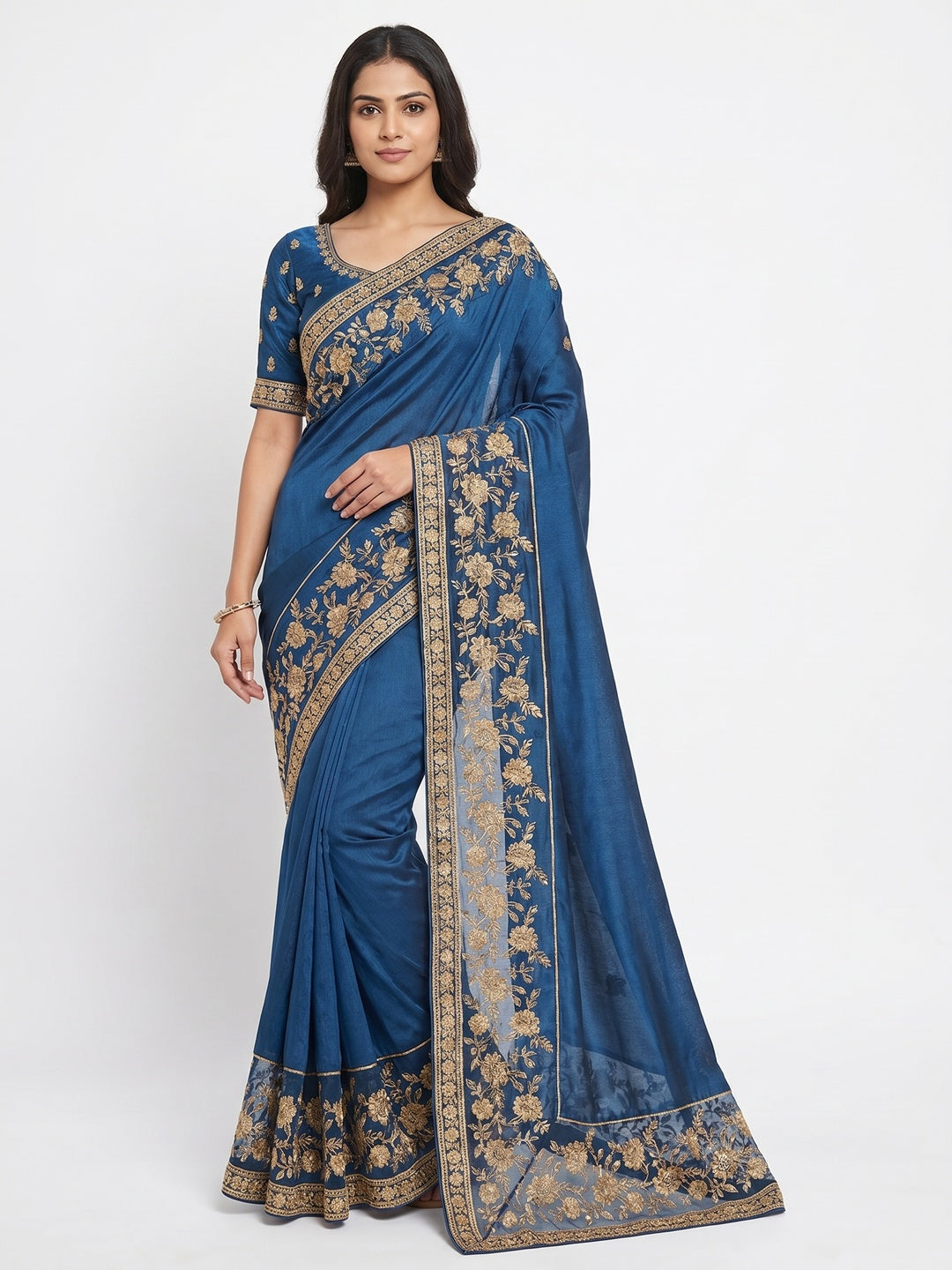 Blue Partywear Embroidered Heavy Dola Silk Saree - Image 1