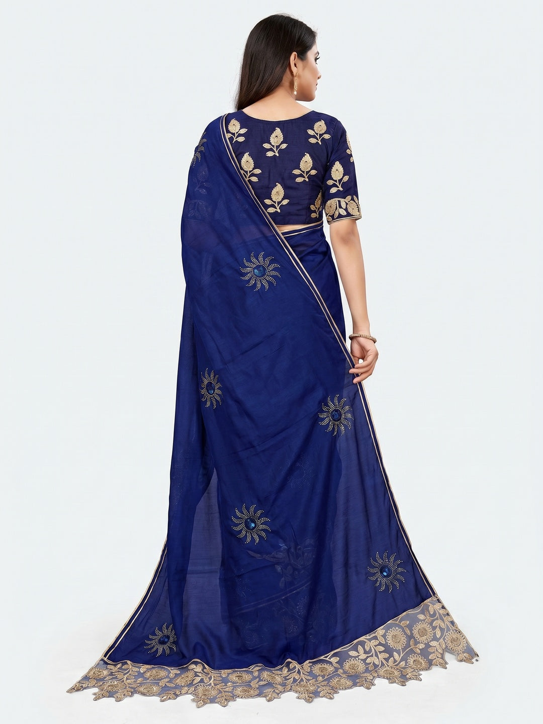 Blue Partywear Embroidered Heavy Dola Silk Saree - Image 3