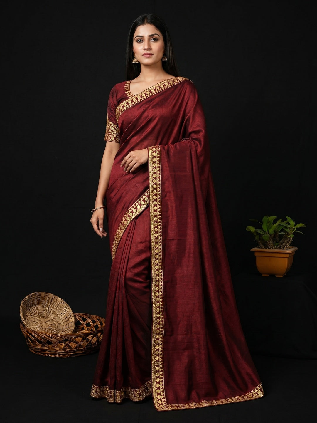 Maroon Festive Wear Woven Silk Saree - Image 1