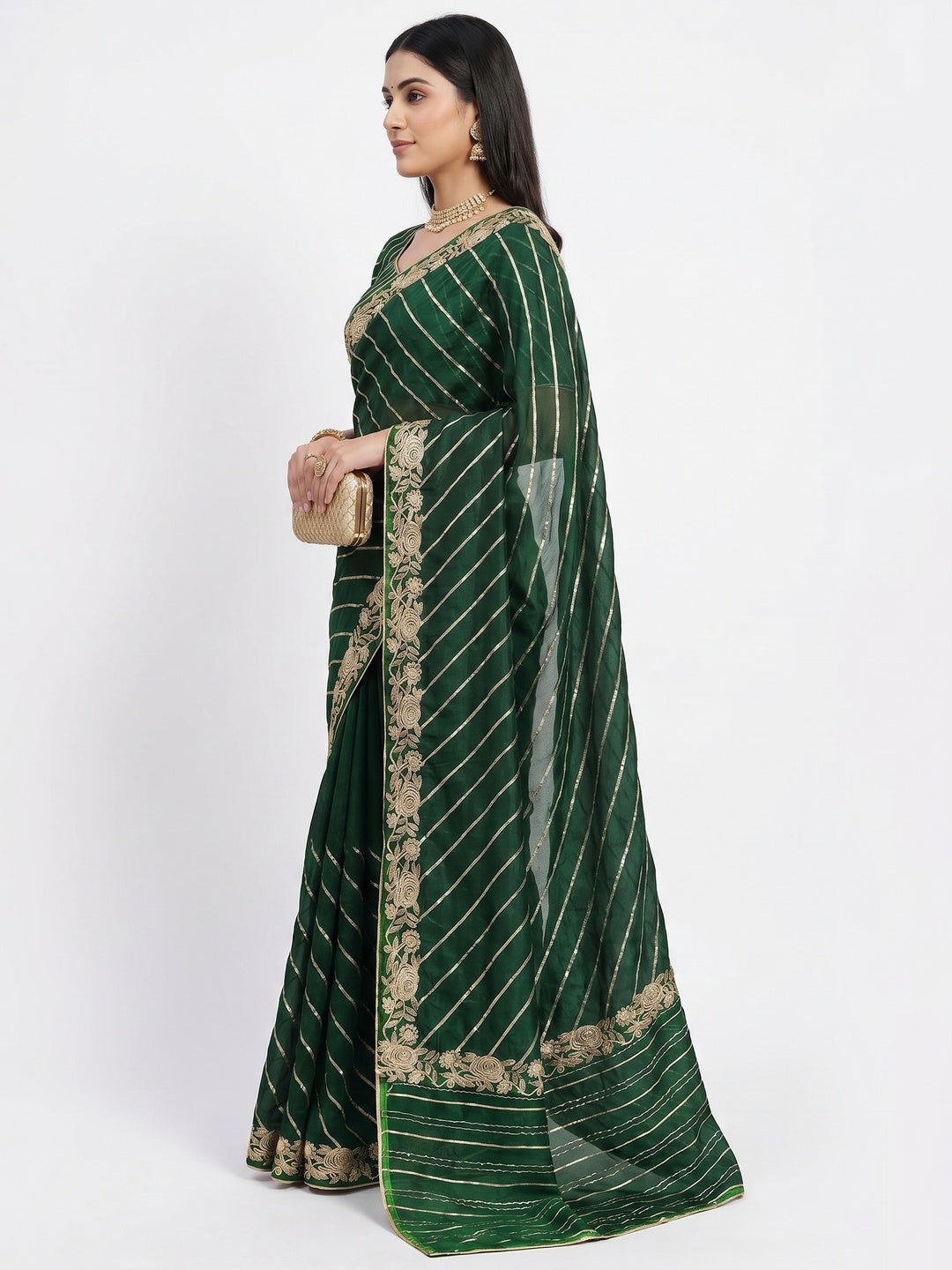 Bottle Green Partywear Floral Embroidered With Gotta Patti Dola Silk Saree - Image 2