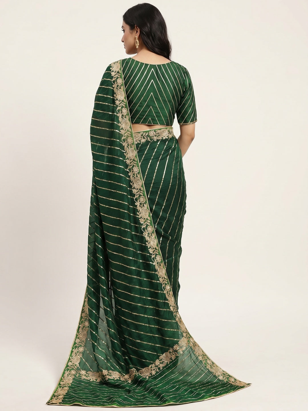 Bottle Green Partywear Floral Embroidered With Gotta Patti Dola Silk Saree - Image 3
