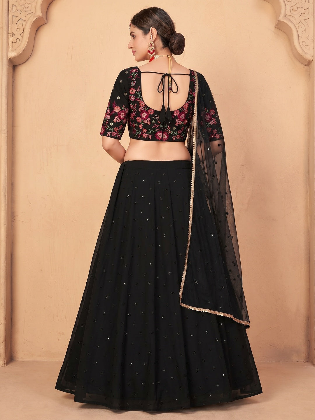 Black Partywear Thread With Sequins Floral Embroidered Georgette Lehenga Choli - Image 1