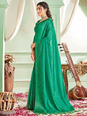 Green Casual Wear Sworski Work Dola Silk Saree - Image 1