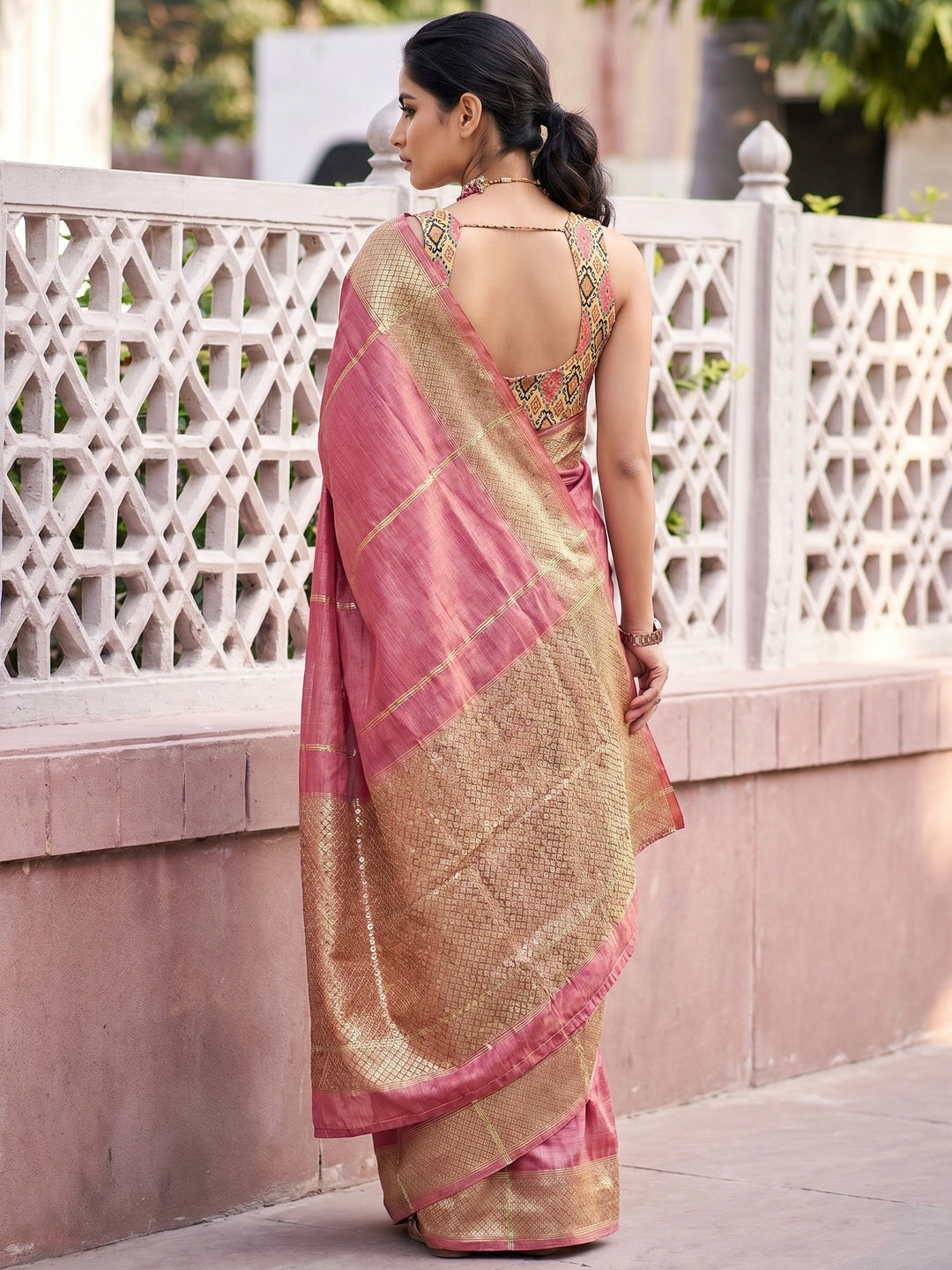 Pink Festive Wear Sequins Digital Work Silk Saree - Image 1