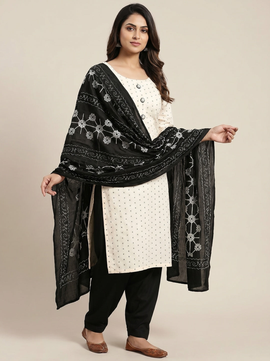 Cream Casual Wear Embroidered Cotton Dress Material - Image 1