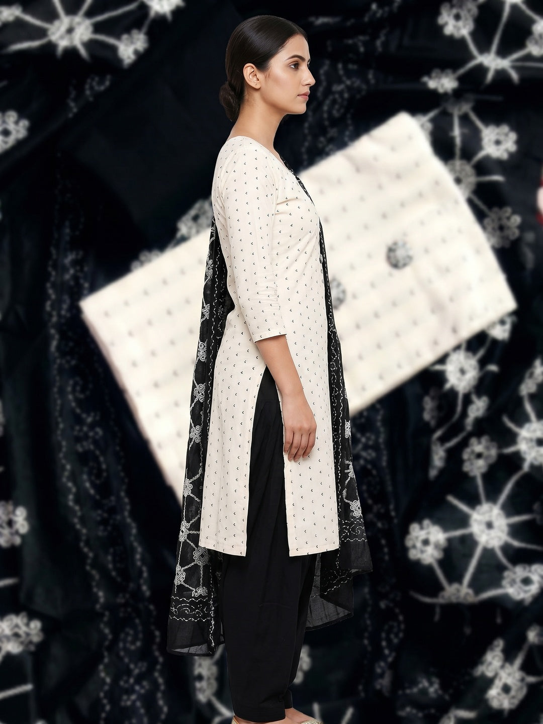 Cream Casual Wear Embroidered Cotton Dress Material - Image 2