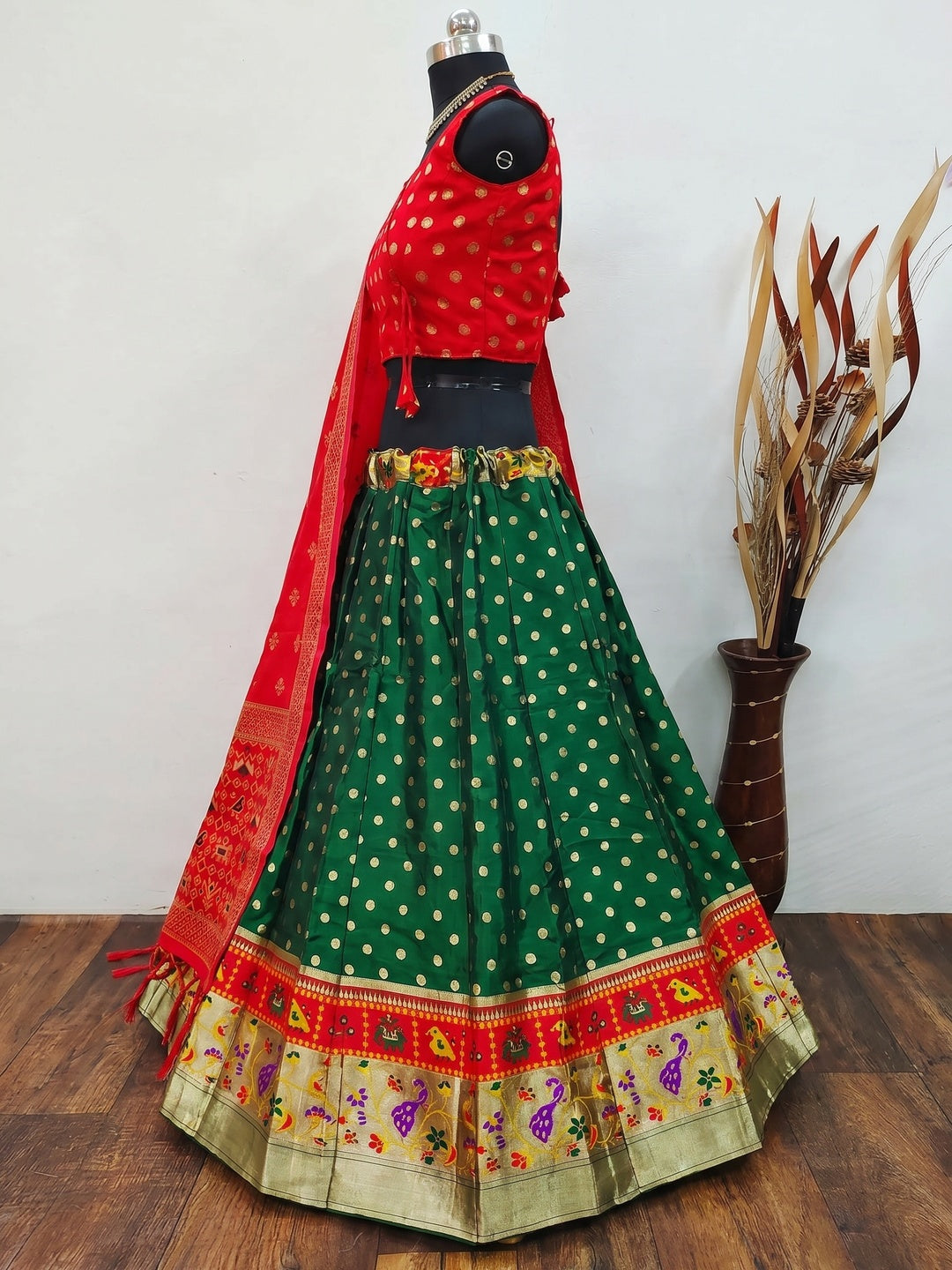 Green Festive Wear Woven Brocade Lehenga Choli - Image 2