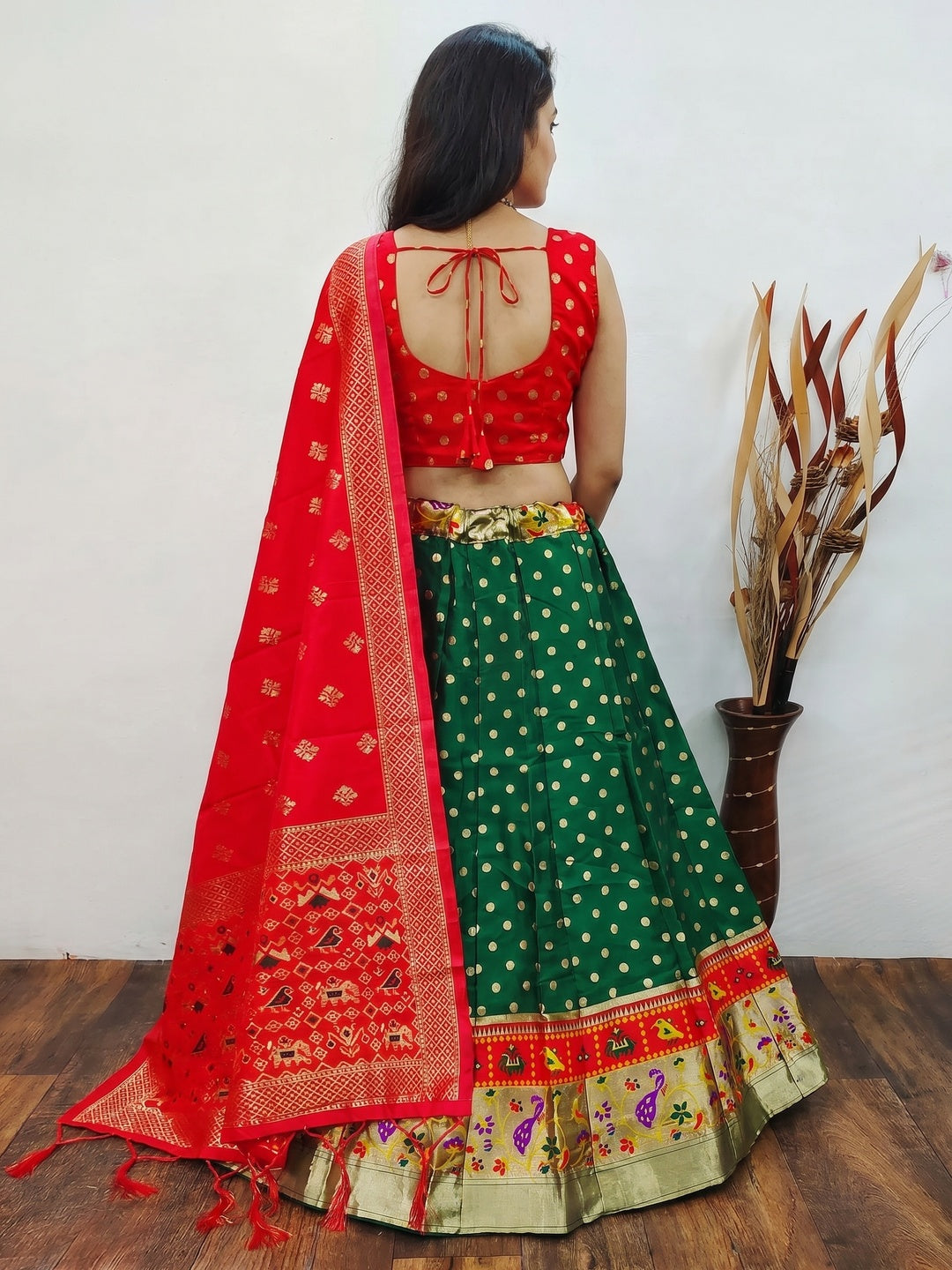 Green Festive Wear Woven Brocade Lehenga Choli - Image 3