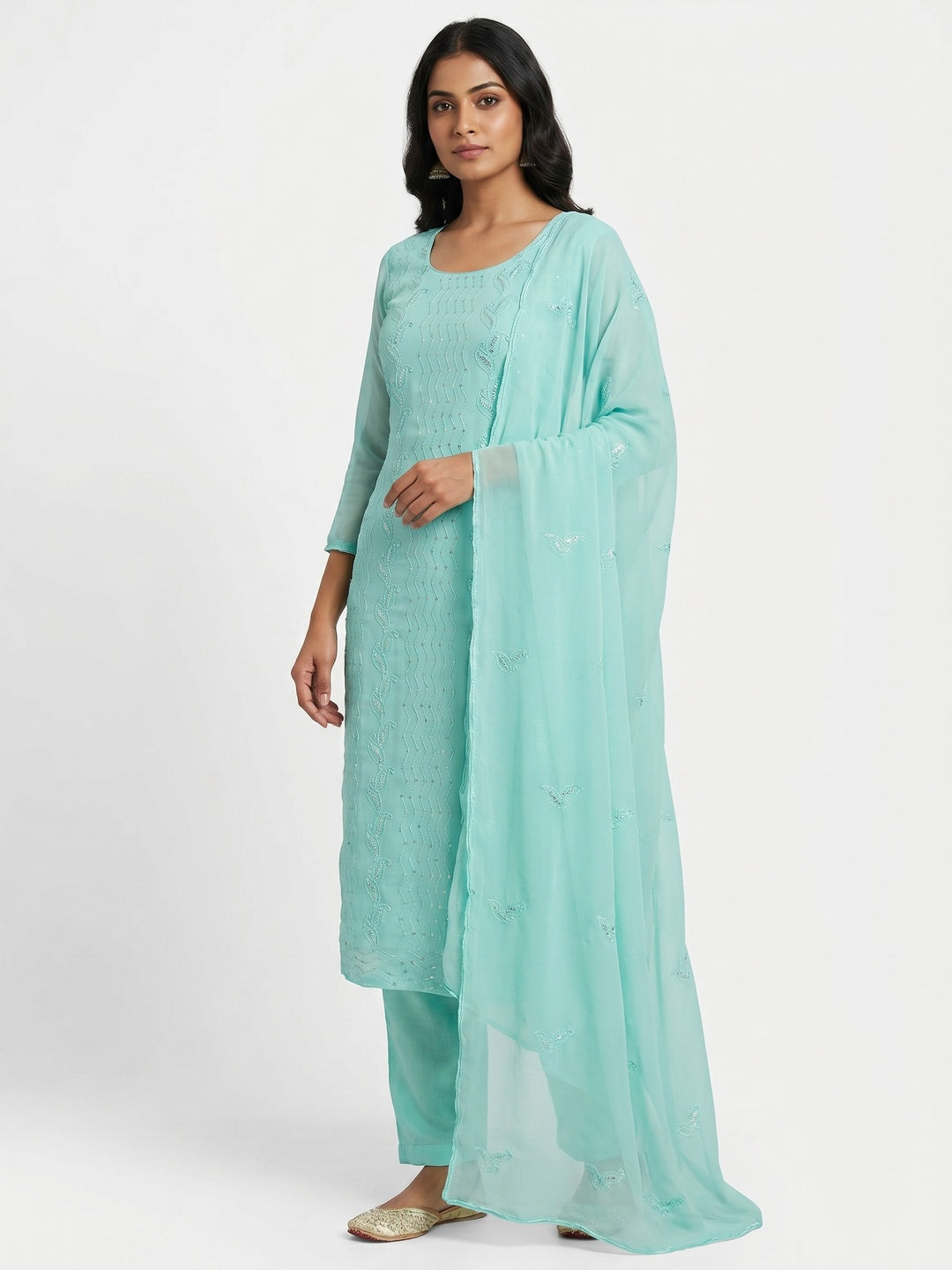 Sky Blue Festive Wear Sequins Embroidered Georgette Dress Material - Image 3