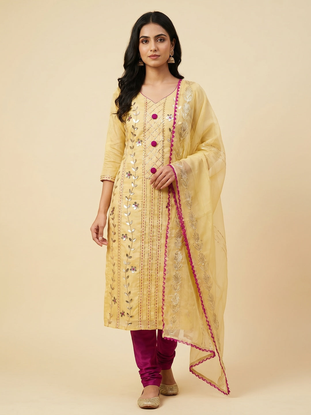 Yellow Festive Wear Floral Hand Work Pure Modal Dress Material - Image 1