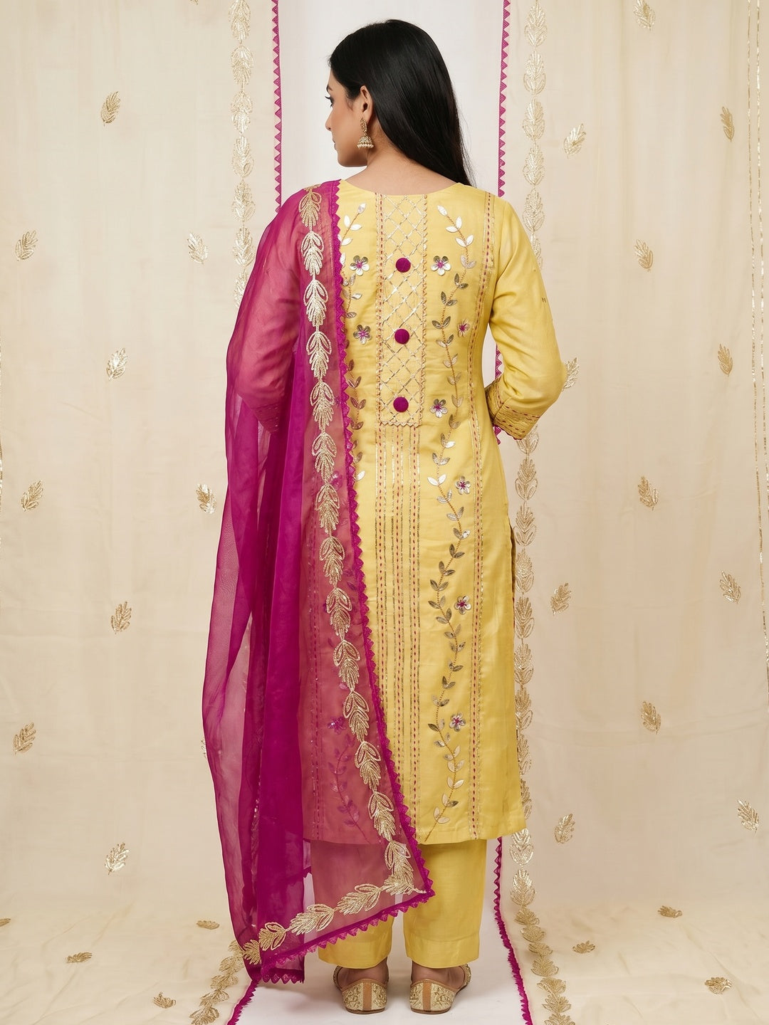 Yellow Festive Wear Floral Hand Work Pure Modal Dress Material - Image 3