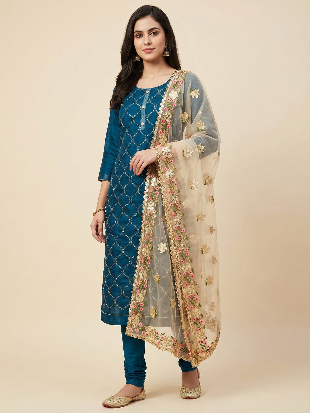 Morepeach Festive Wear Embroidered Chanderi Dress Material - Image 1