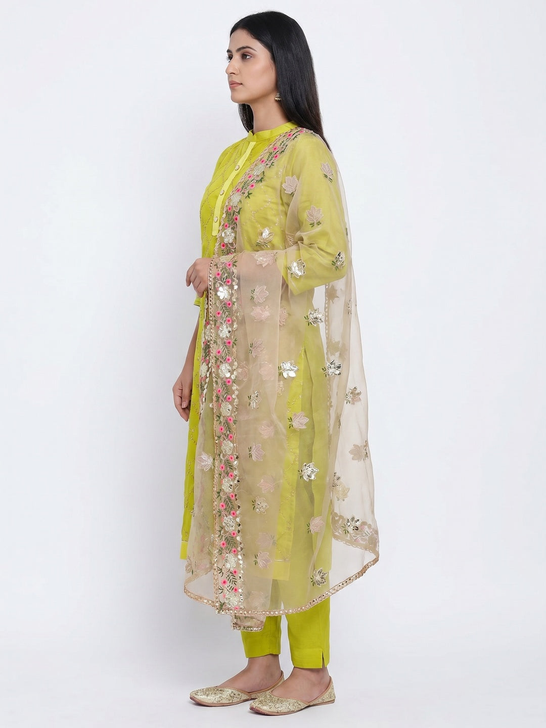 Green Festive Wear Embroidered Chanderi Dress Material - Image 2