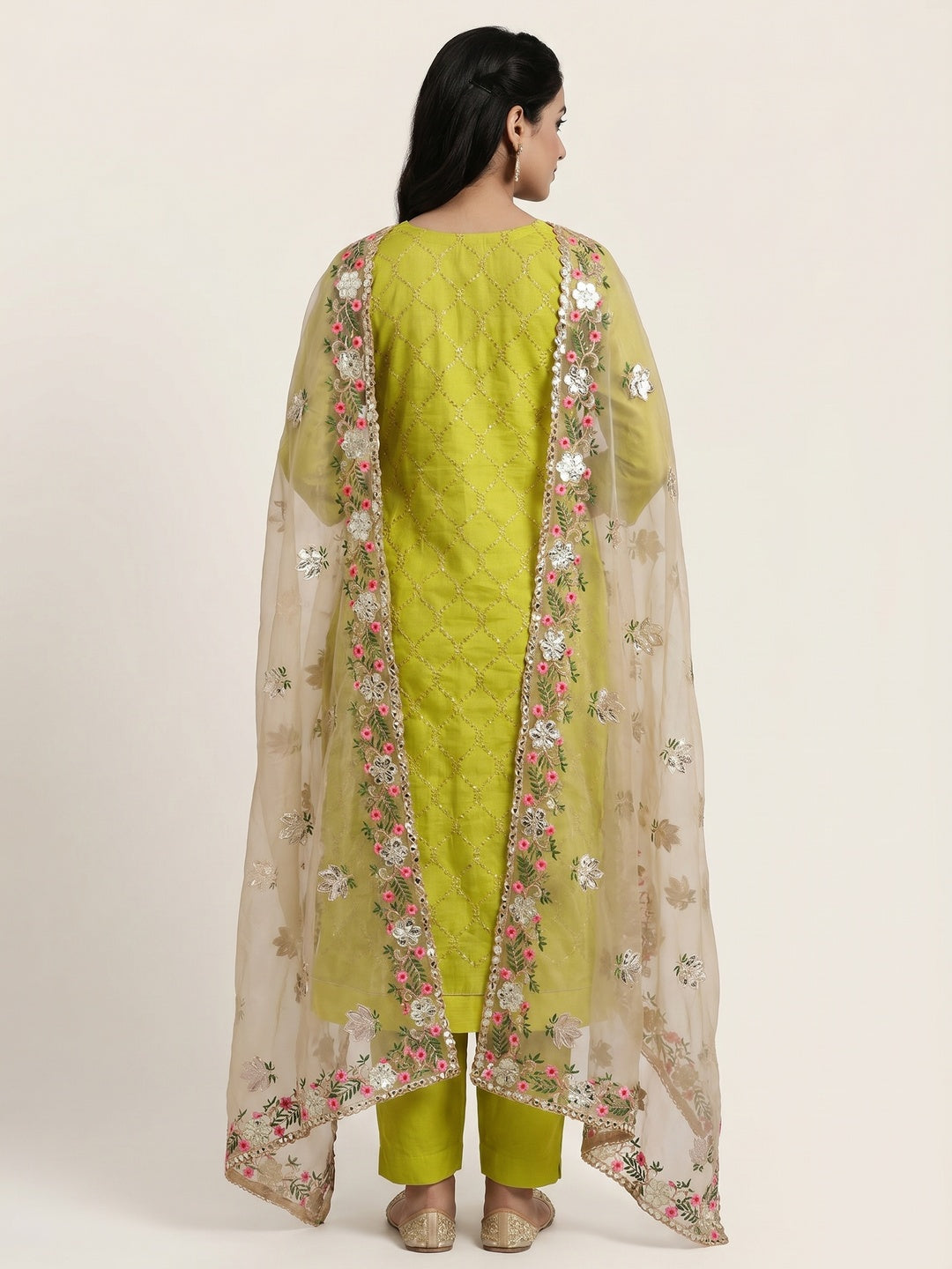 Green Festive Wear Embroidered Chanderi Dress Material - Image 3