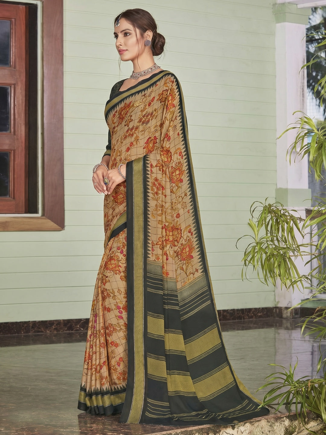 Chikoo Casual Wear Printed Crepe Saree - Image 1