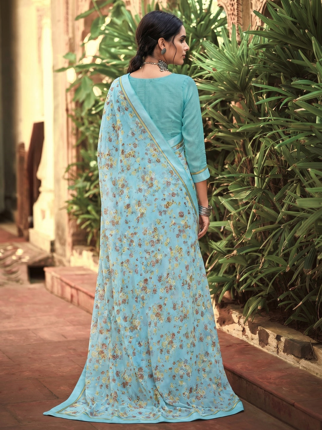 Blue Casual Wear Floral Printed Georgette Saree - Image 1