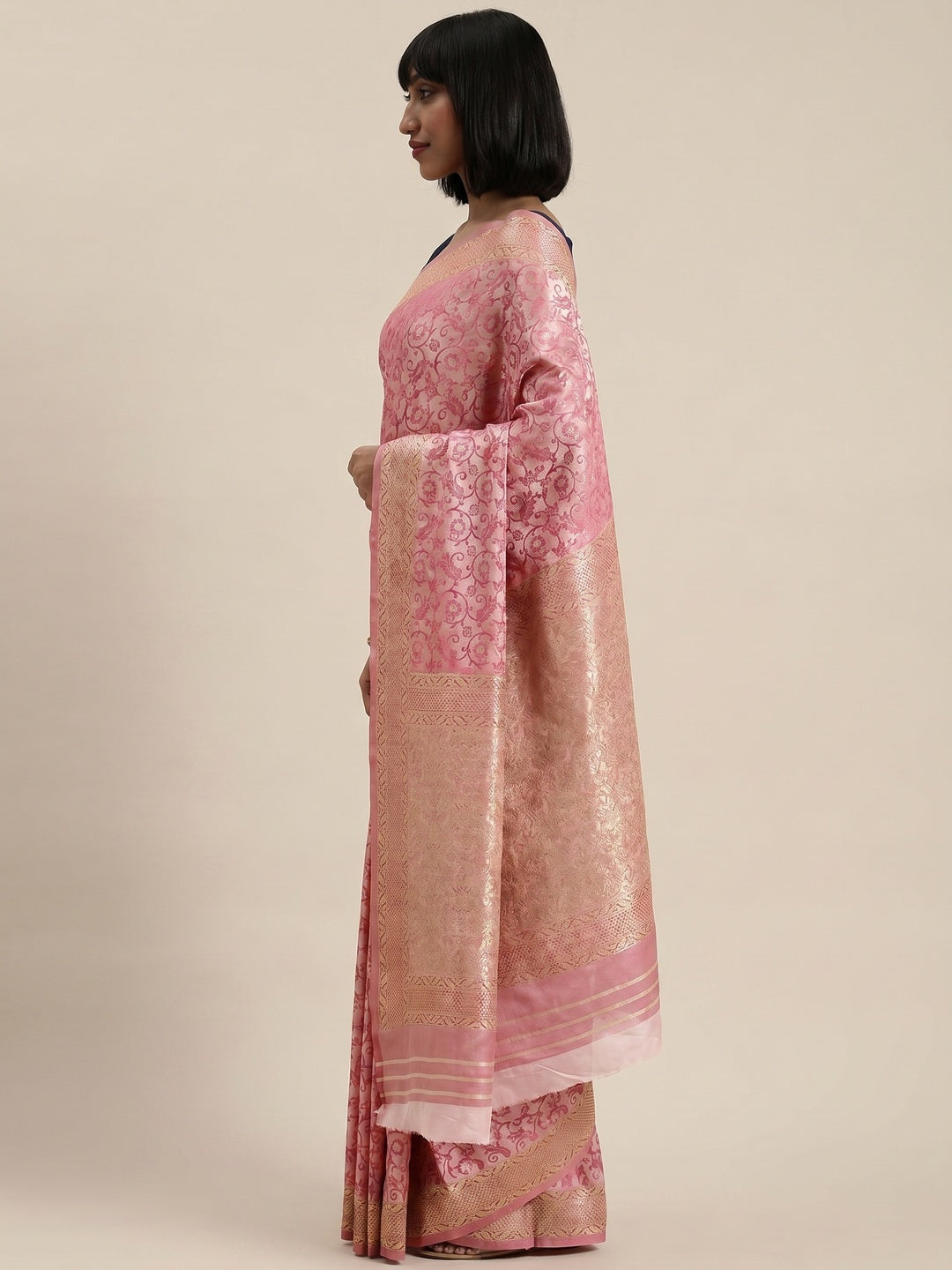 Women's Pink Festive Wear Woven Kanjivaram Silk Saree With Unstitched Blouse - Image 2