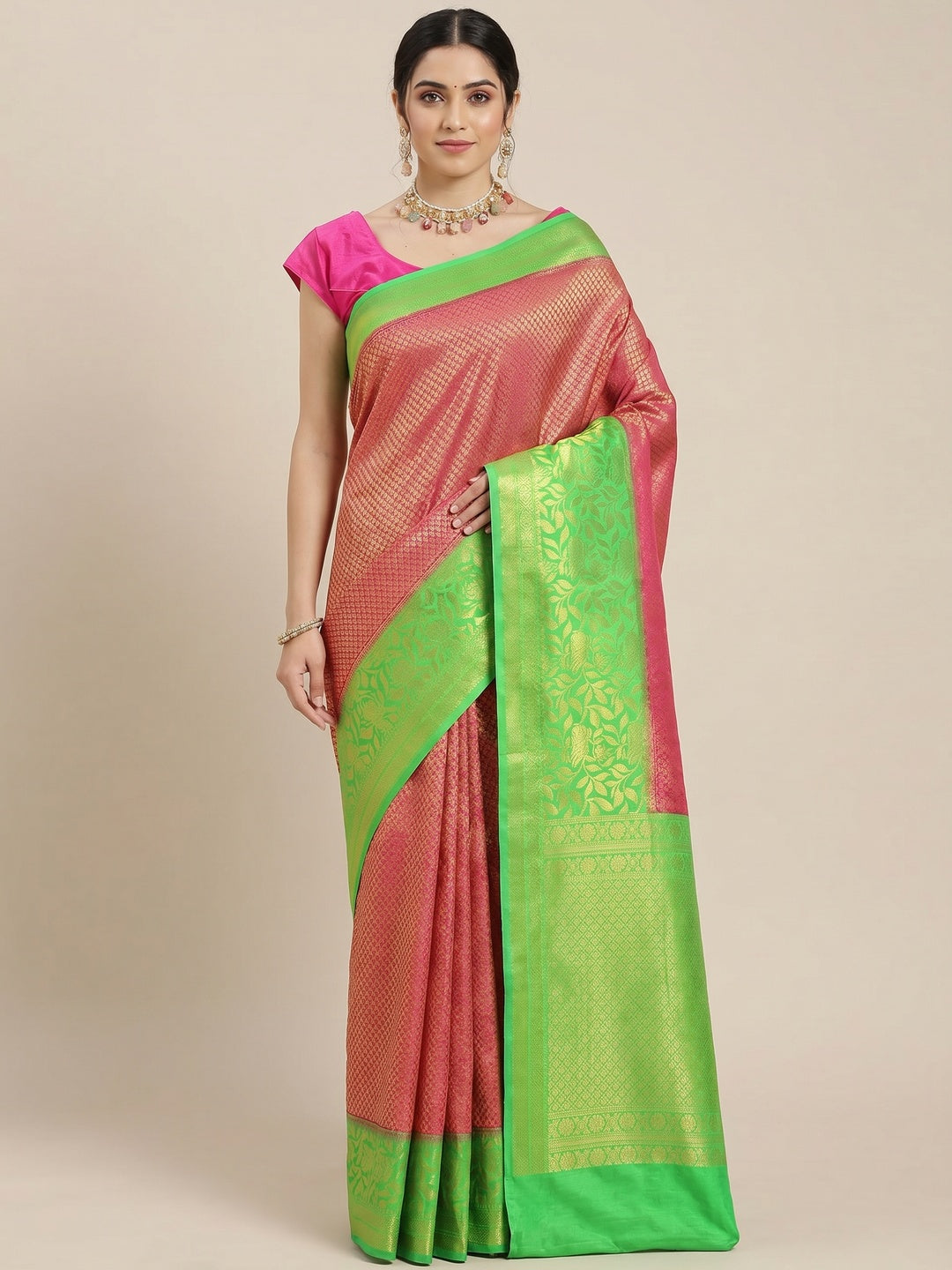 Women's Pink Festive Wear Woven Kanjivaram Silk Saree With Unstitched Blouse - Image 1