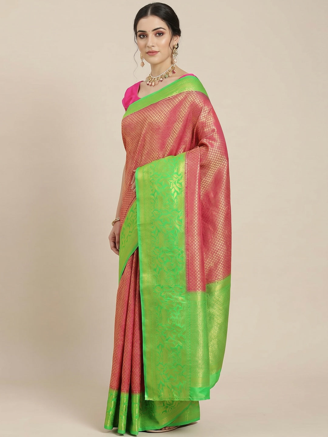 Women's Pink Festive Wear Woven Kanjivaram Silk Saree With Unstitched Blouse - Image 2