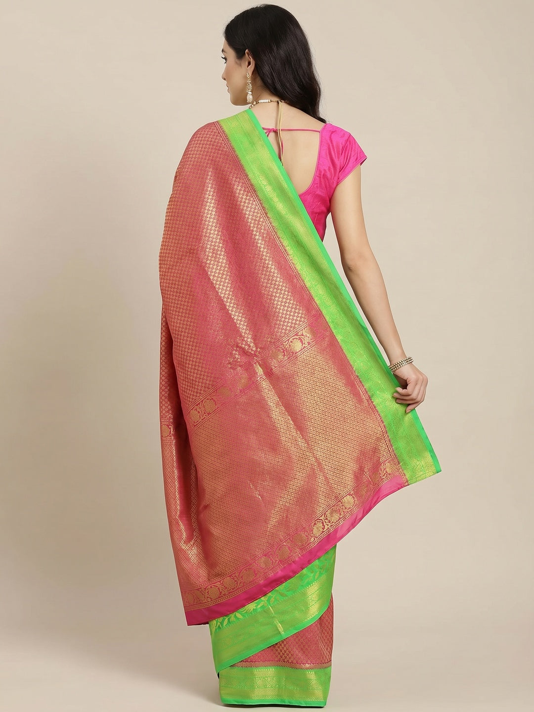 Women's Pink Festive Wear Woven Kanjivaram Silk Saree With Unstitched Blouse - Image 3