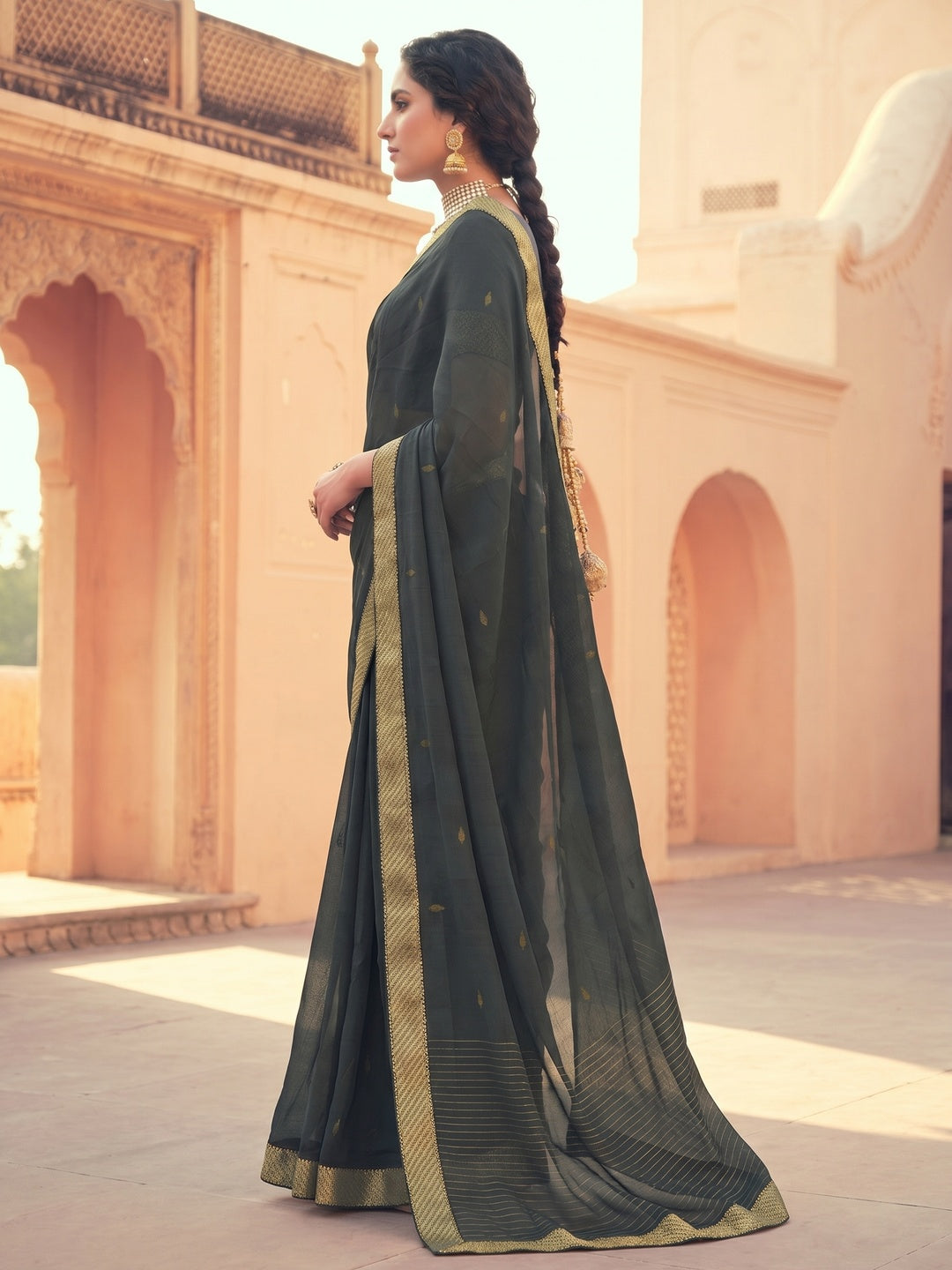 Grey Festive Wear Fancy Smoke Printed Georgette Saree Fancy Lace - Image 1
