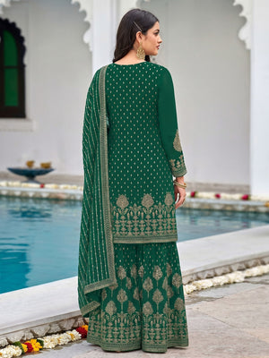Green Partywear Sequins & Embroidered Faux Georgette Salwar Suit - Image 1
