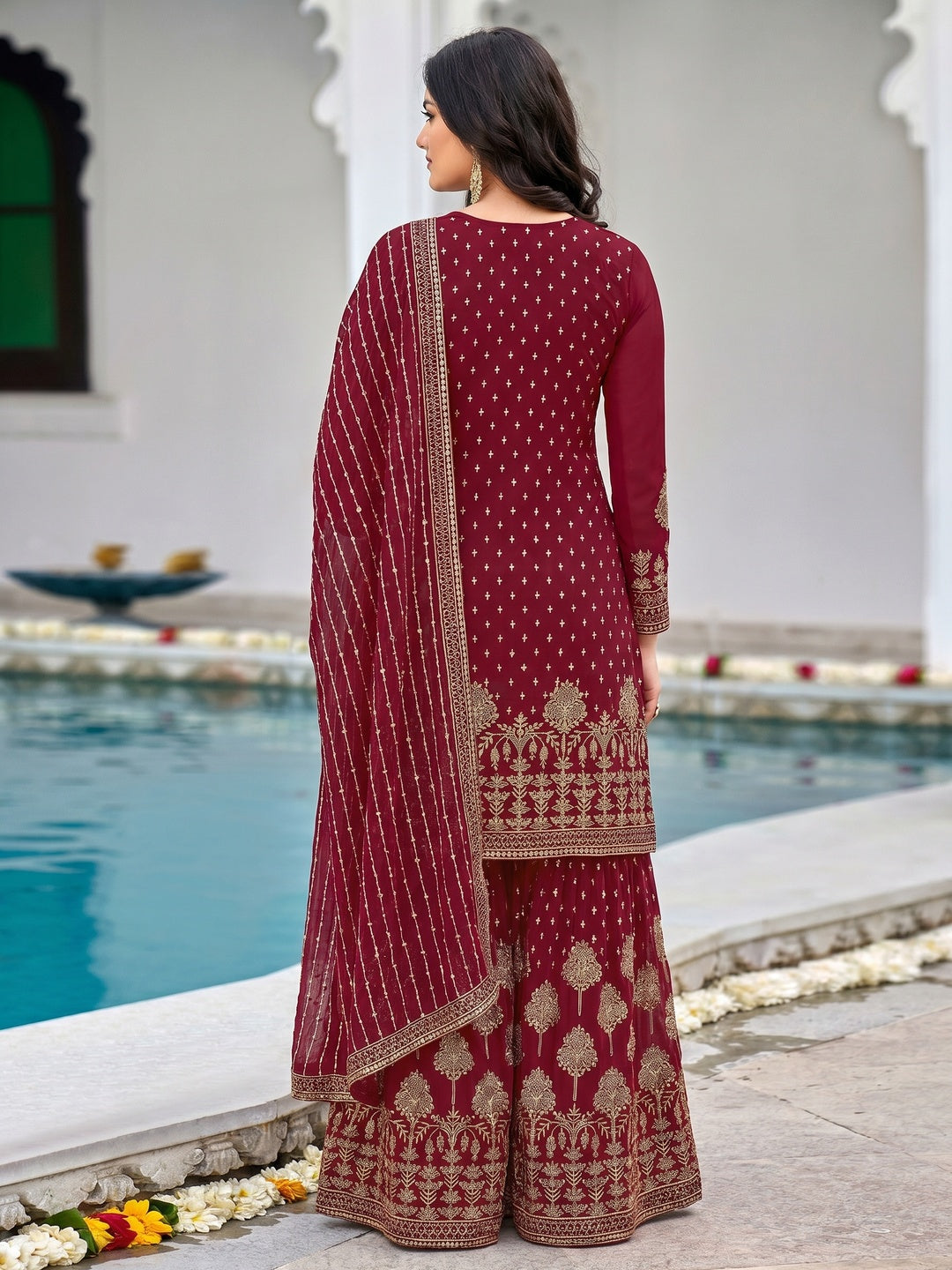 Maroon Partywear Sequins & Embroidered Faux Georgette Salwar Suit - Image 1
