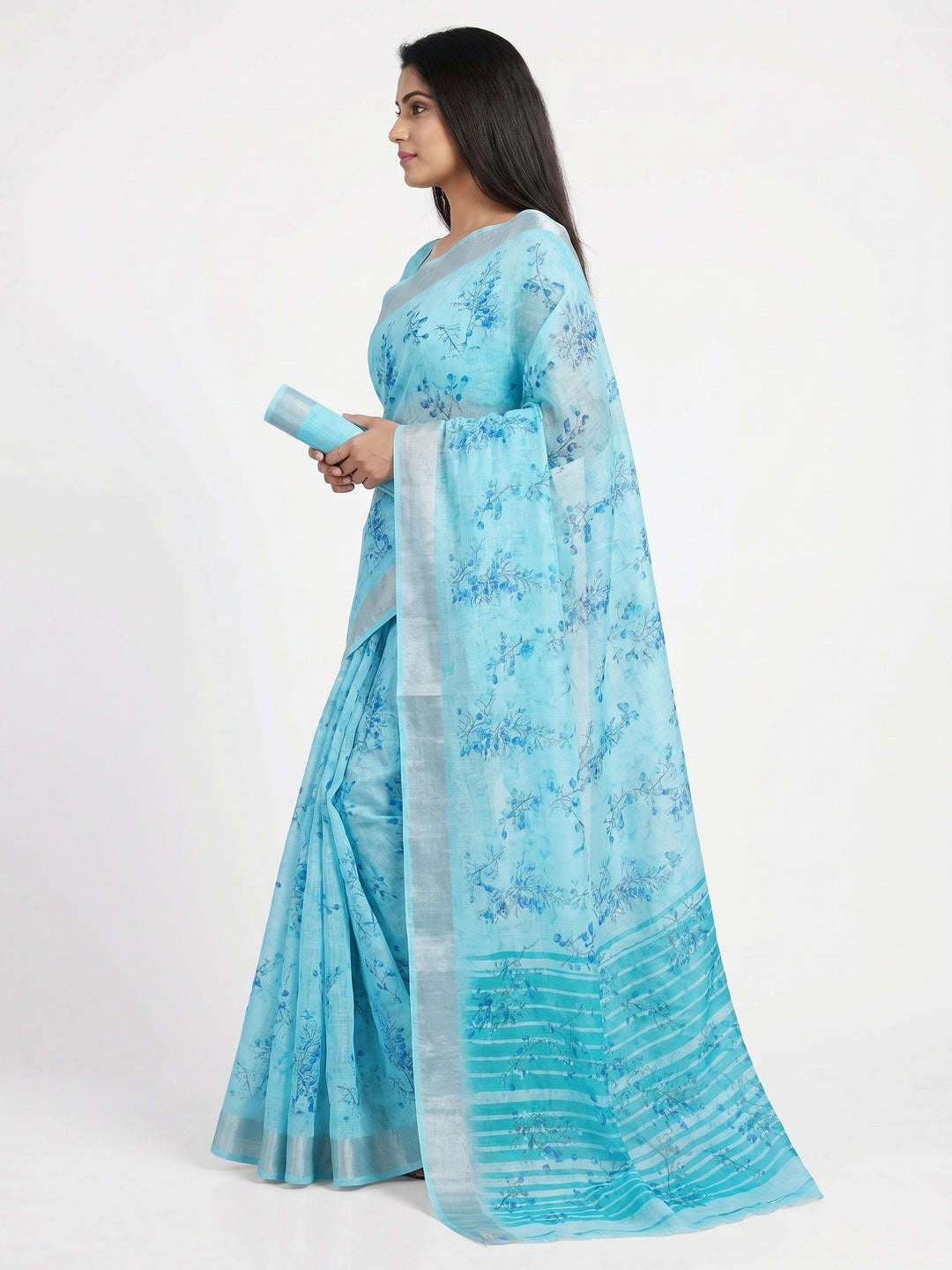 Sky Blue Printed Linen Cotton Saree - Image 2