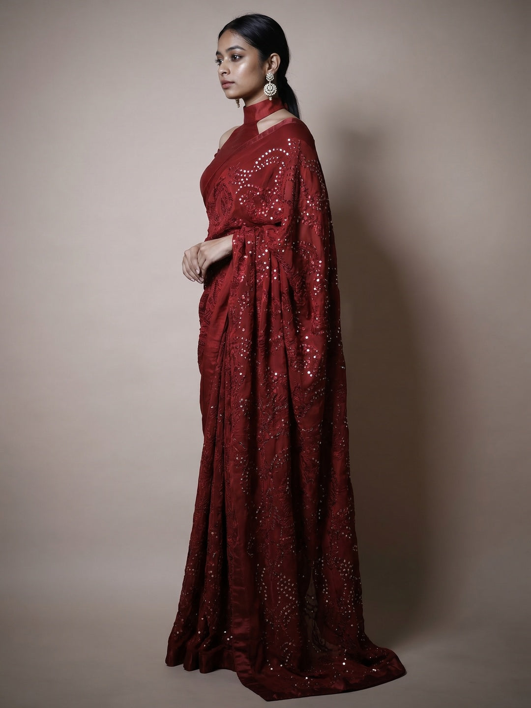 Maroon Partywear Embroidered & Sequins Chiffon Saree - Image 1