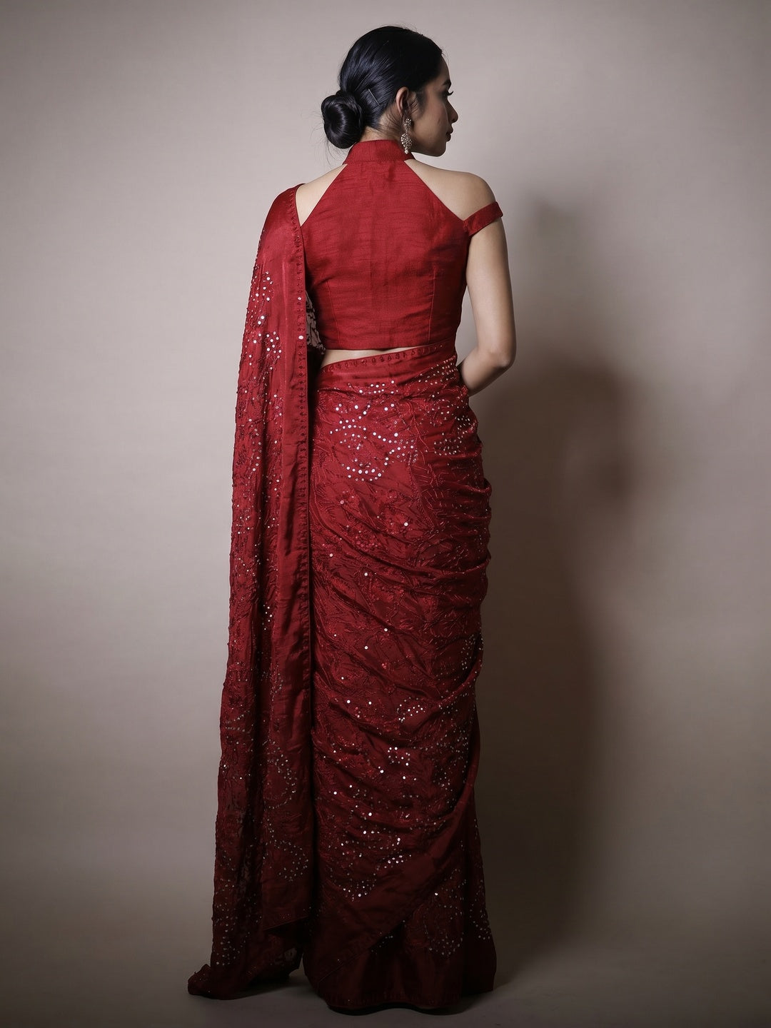 Maroon Partywear Embroidered & Sequins Chiffon Saree - Image 2