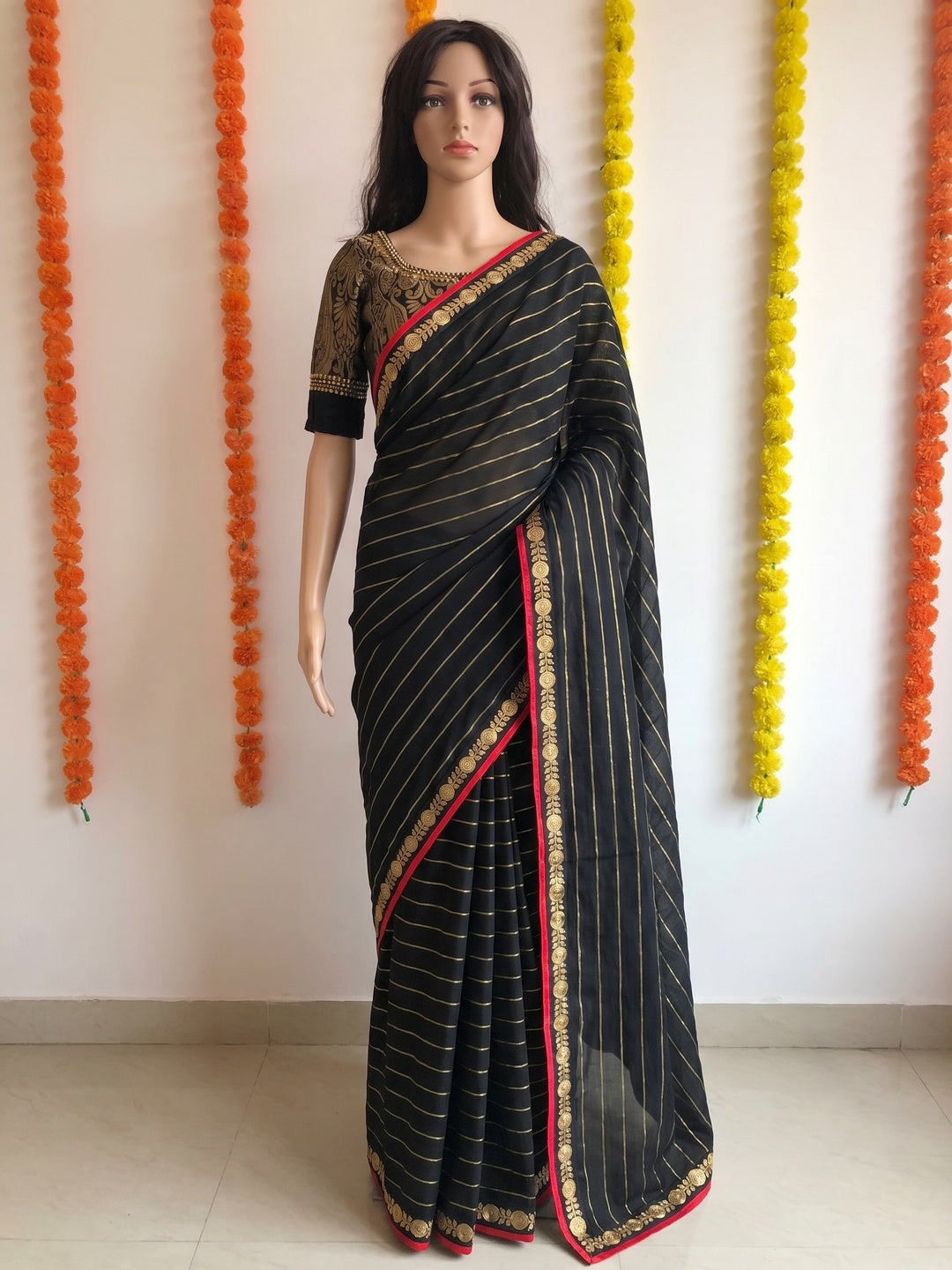 Black Partywear Fancy Embroidered Cotton Saree - Image 1