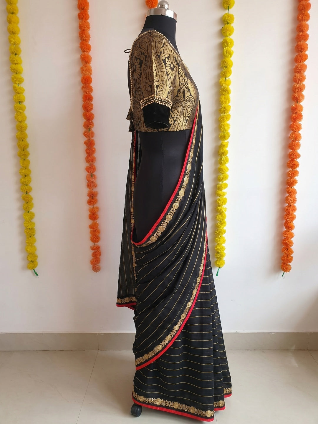 Black Partywear Fancy Embroidered Cotton Saree - Image 2