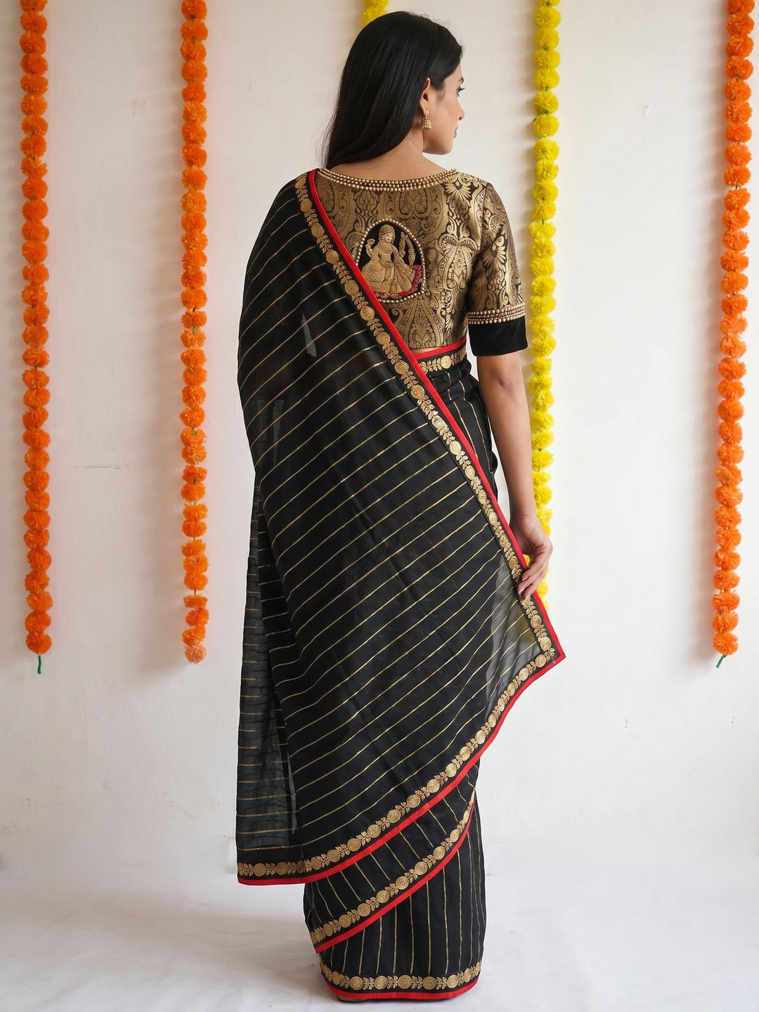 Black Partywear Fancy Embroidered Cotton Saree - Image 3