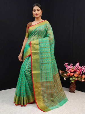 Sea Green Festive Wear Woven Cotton Silk Saree - Image 1