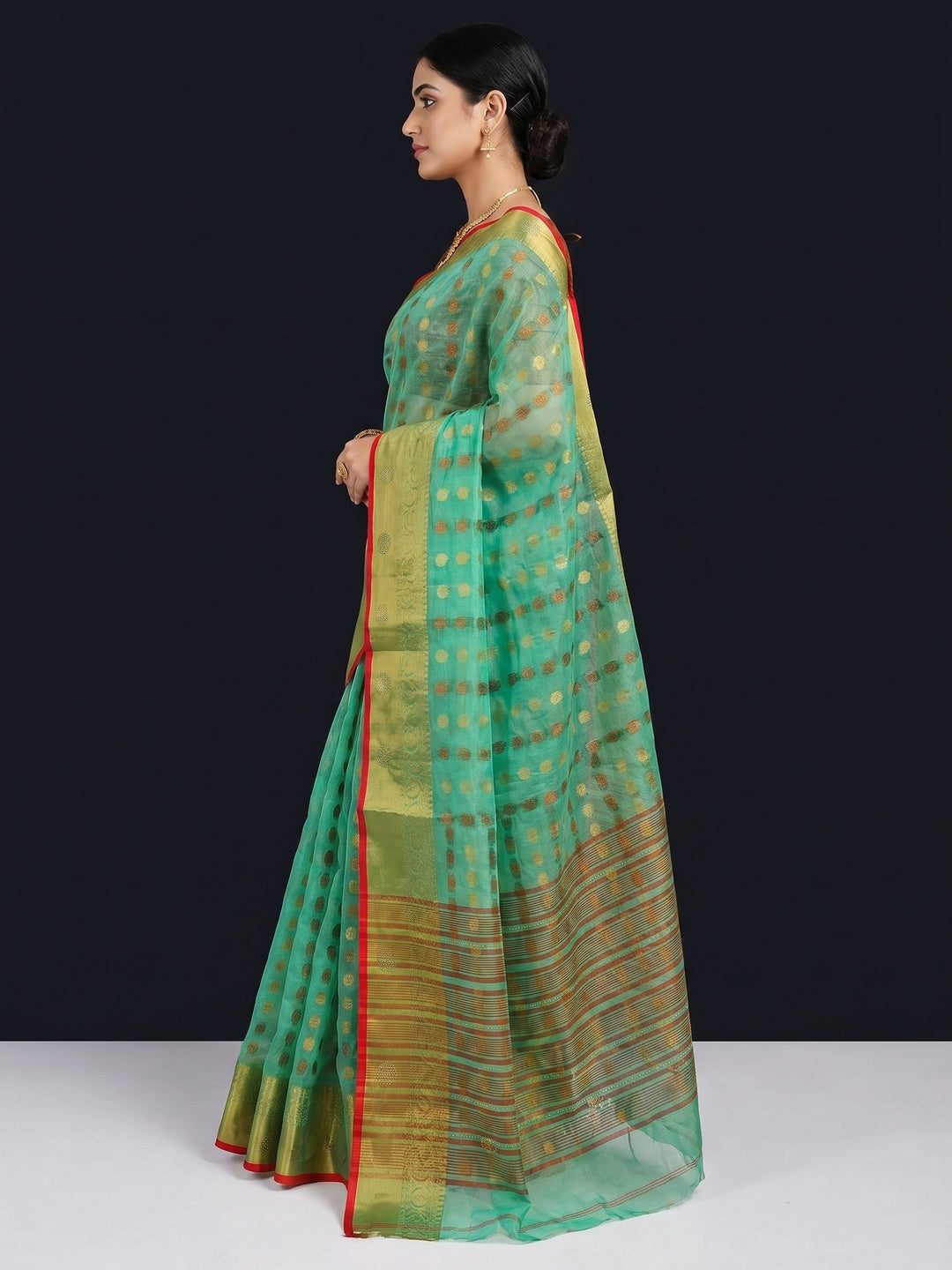 Sea Green Festive Wear Woven Cotton Silk Saree - Image 3
