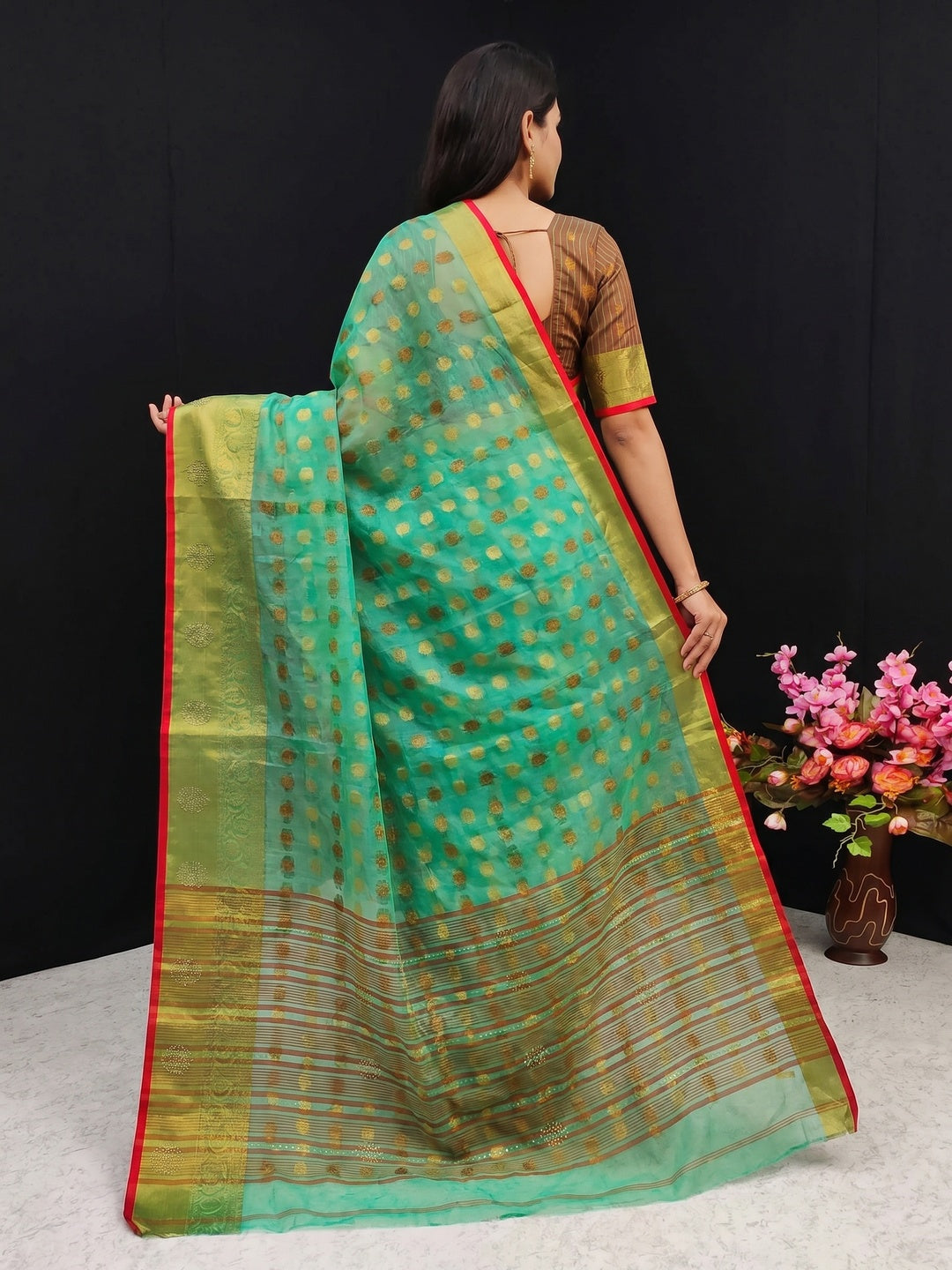 Sea Green Festive Wear Woven Cotton Silk Saree - Image 2