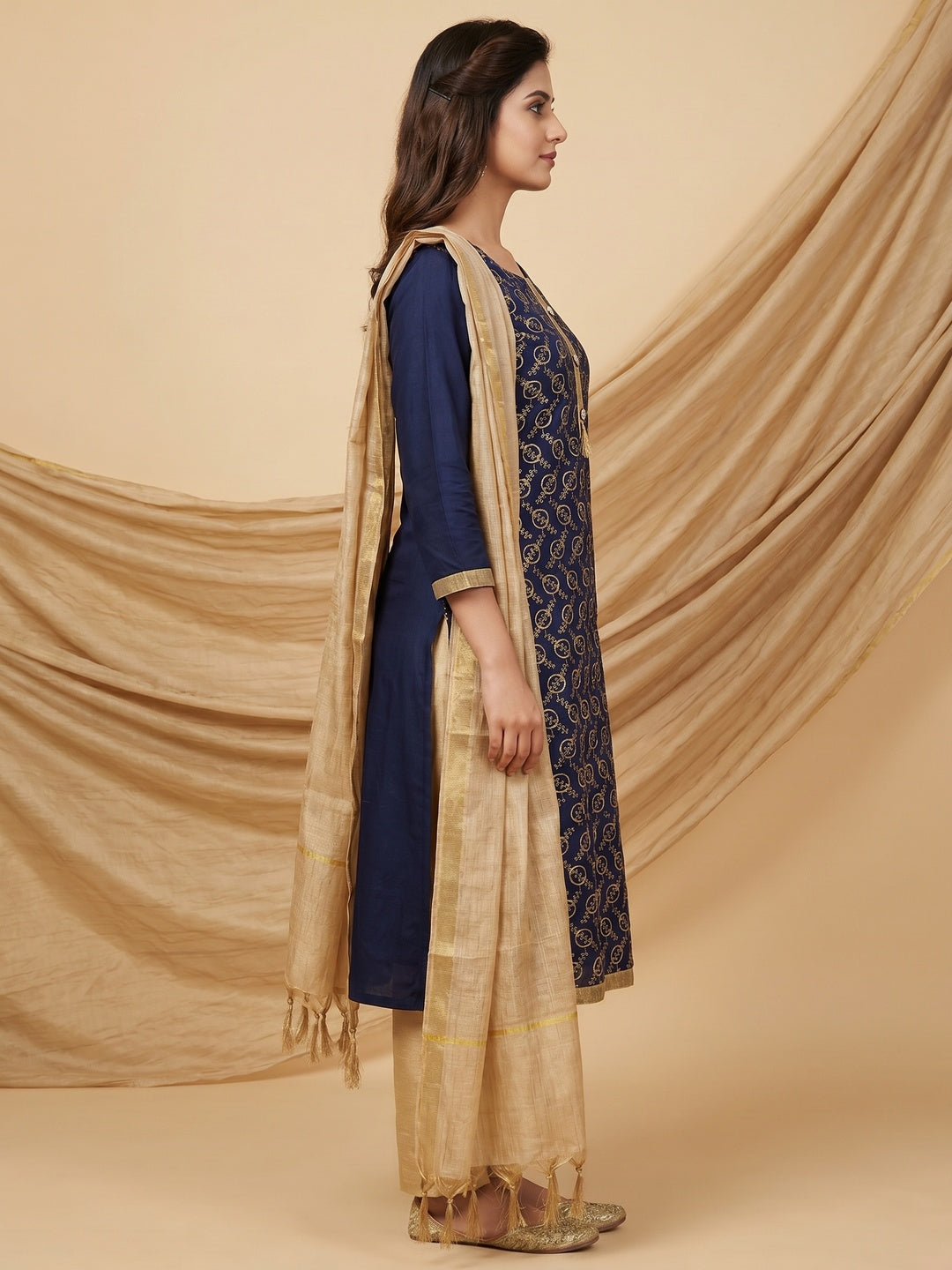Navy Blue Casual Wear Embroidered Chanderi Dress Material - Image 2