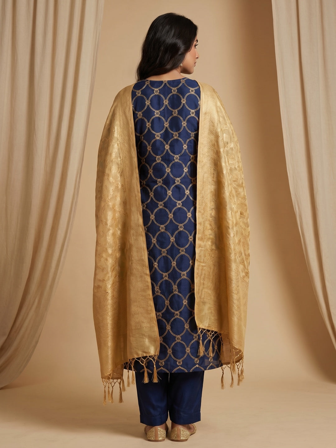 Navy Blue Casual Wear Embroidered Chanderi Dress Material - Image 3