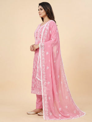 Pink Floral Embroidered Cotton Blend Dress Material - Image 1